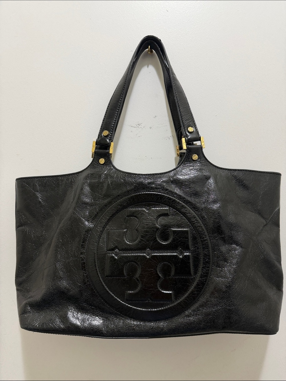 Black Leather Tote Bag with Embossed Logo